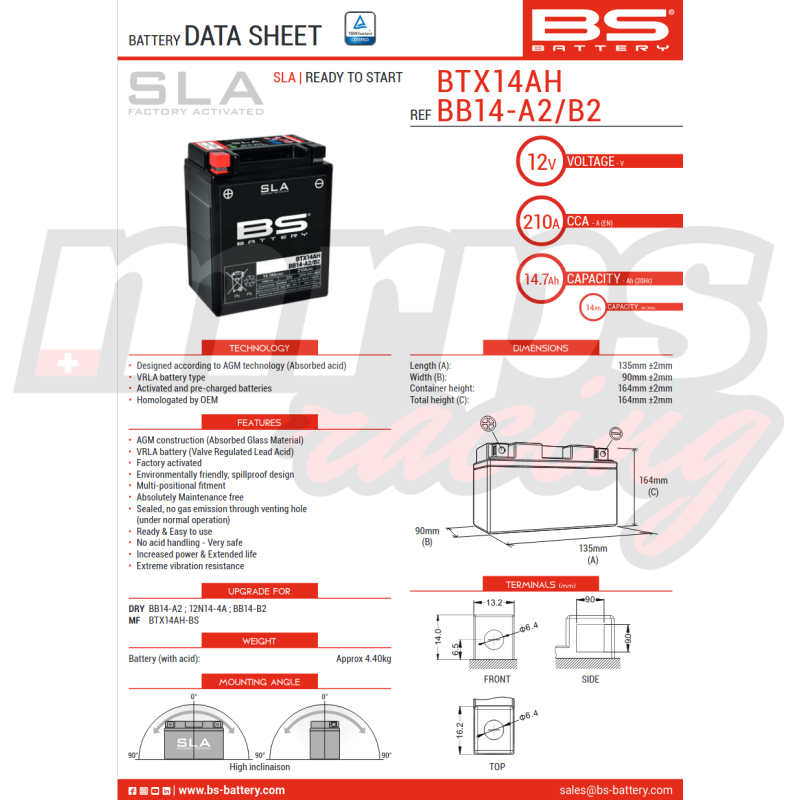 Batterie BS Battery BTX14AH SLA (BTX14AH-BS) | MRPS Racing, Genève Suisse